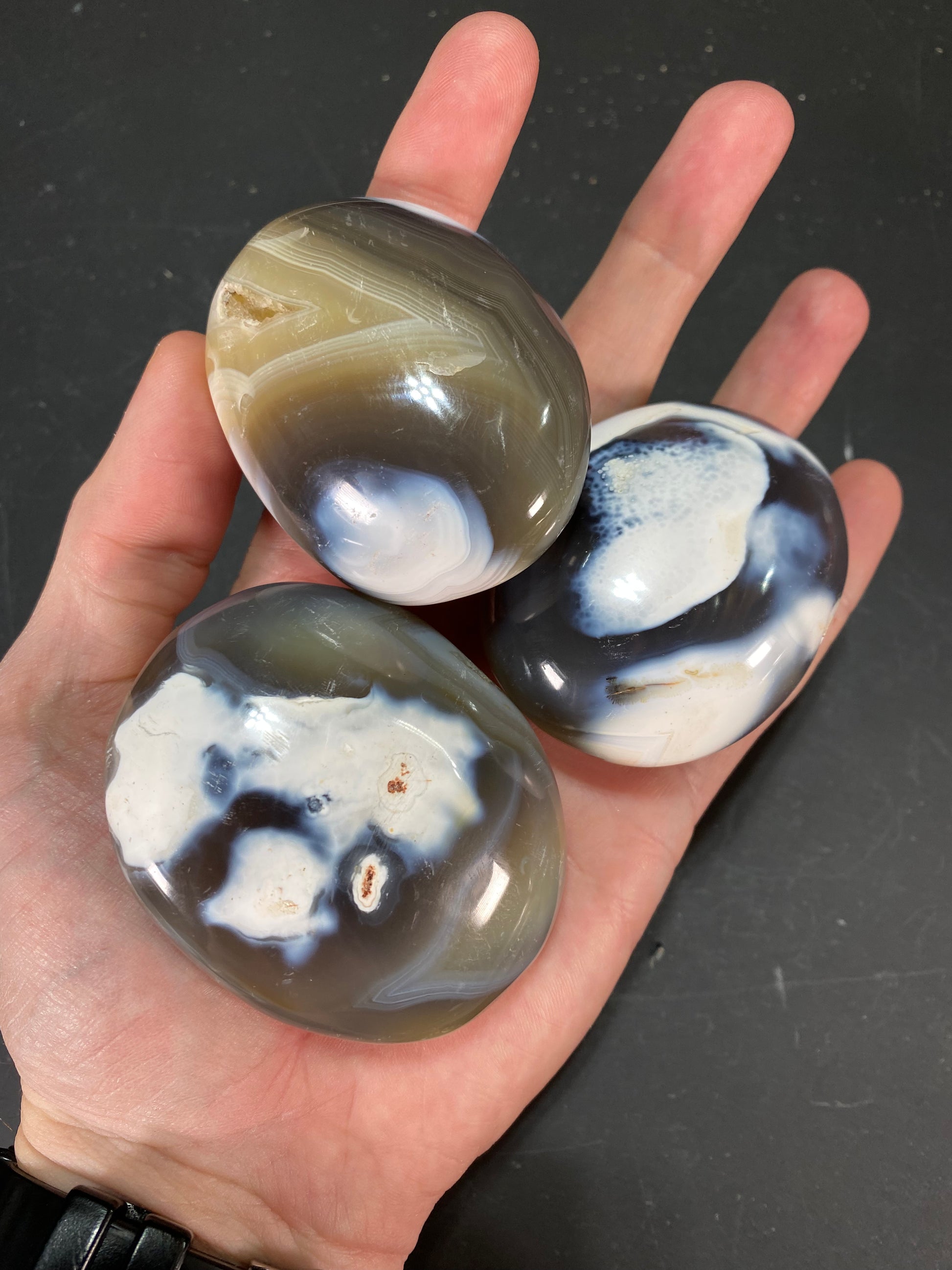 Group of three Orca Agate Palmstones